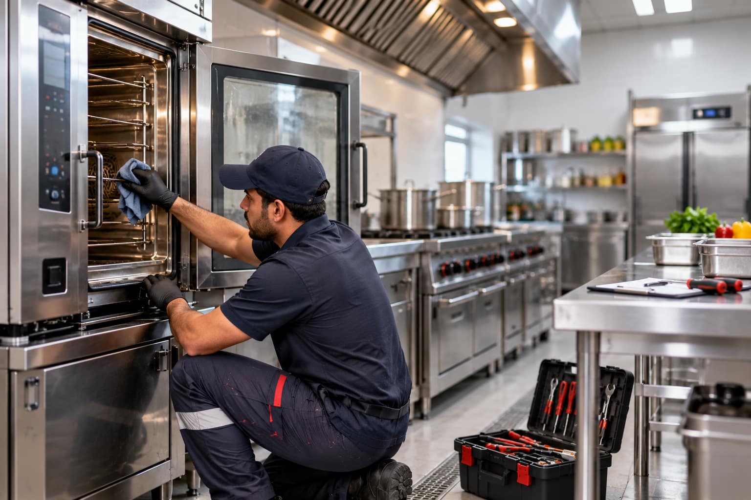 technician inspecting commercial refrigeration equipment in Jeddah